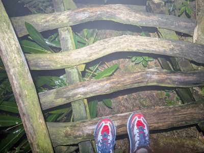 入夜起霧，要在溼滑的懸空木樁上跑動，難上加難。