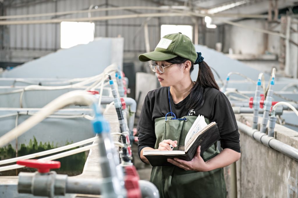 陳怡樺返家協助養蝦，引進新的養殖技術與觀念。（圖片提供╱陳怡儒）
