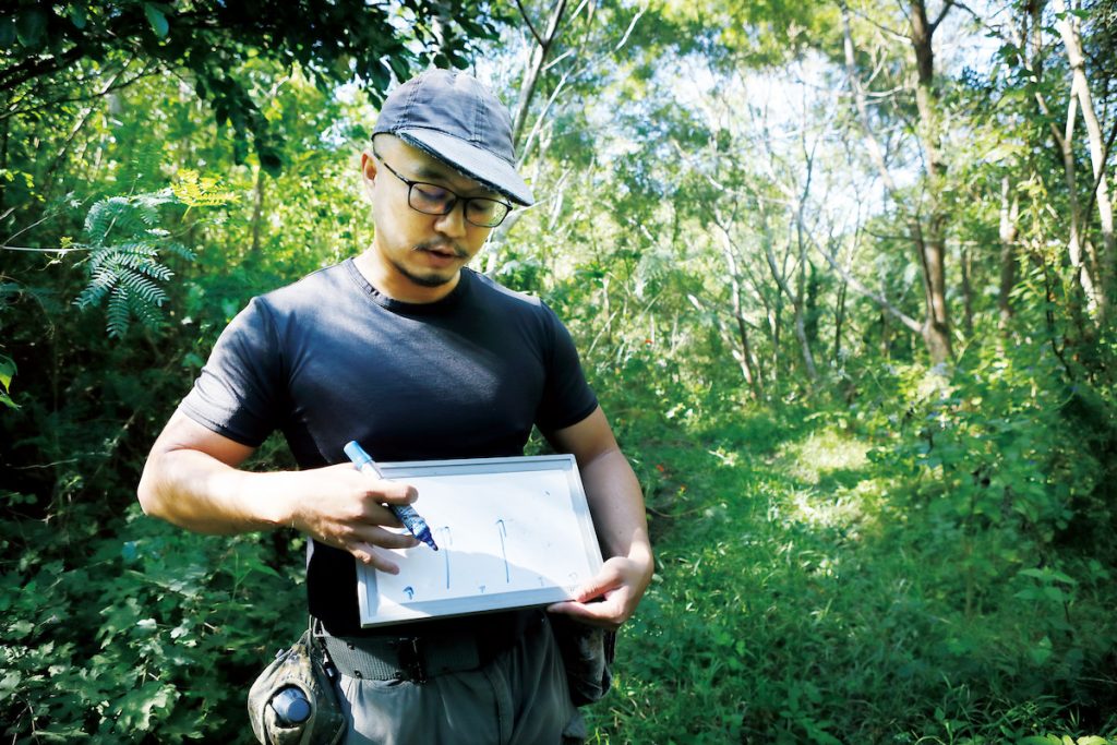 永在林業生產合作社王俊翔經常導覽自家森林的生態樣貌,說明適度擾動(伐木等)反而能夠增加生物多樣性。