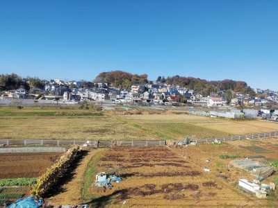 俯瞰低山丘陵上的日本郊區聚落，周圍是耕地與進入休耕期的棕褐色田野。（攝影╱Bruce2023 on shutterstock）