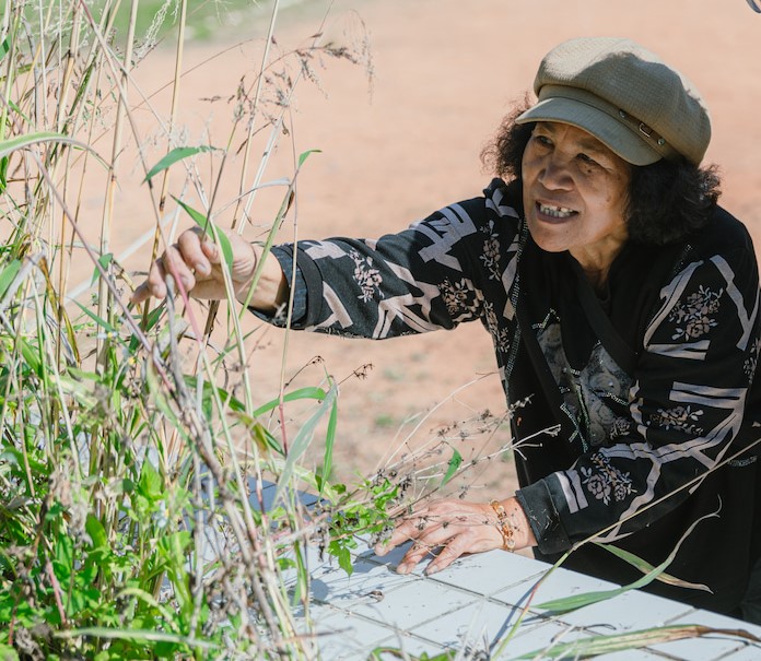 玉英迪娜檢視、修剪卓清國小校內的油芒菜園。
