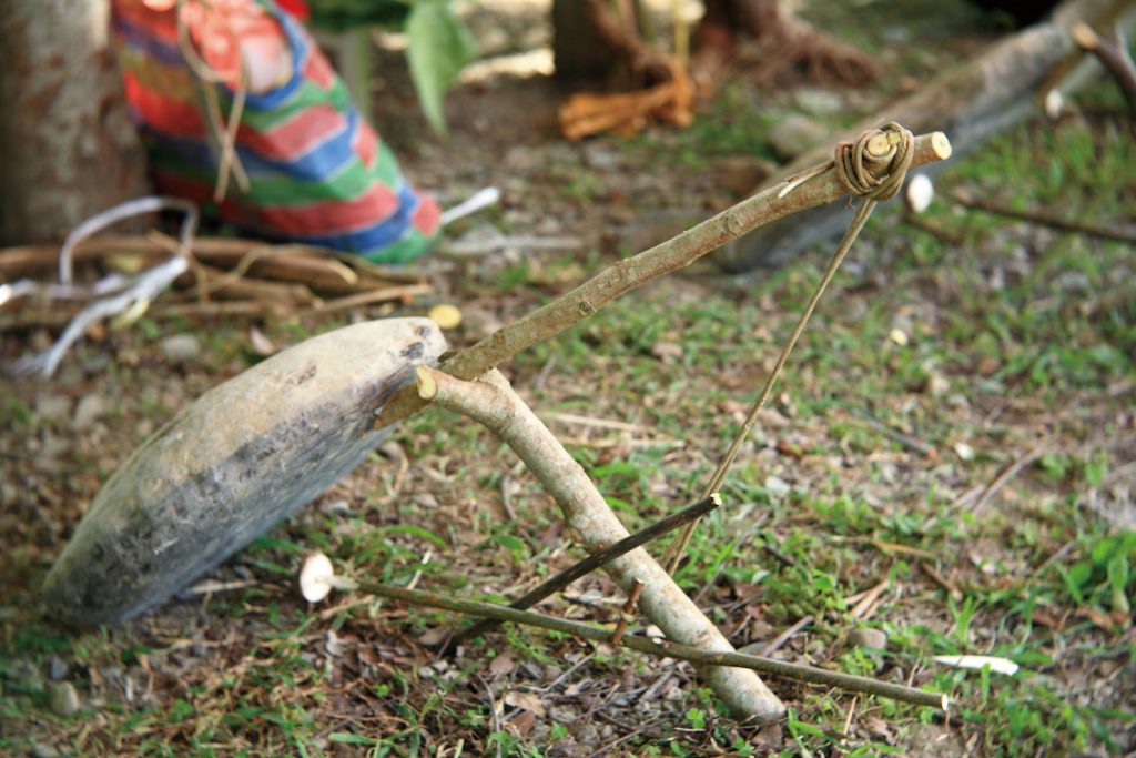 陷阱有各種形式,小型獸類採取壓石陷阱,陷阱機構使用特定的植物。