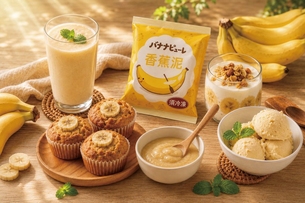 如記出品的香蕉泥可廣泛應用於香蕉牛奶、烘焙甜點、優格搭配和冰品製作。