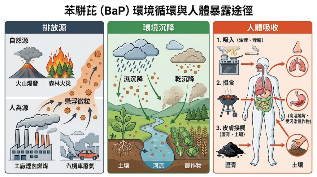 大氣中吸附於細懸浮微粒(PM2.5)表面之 BaP,經由降雨落入農田、水體與土壤。再透過飲食、呼吸與皮膚接觸進入人體。