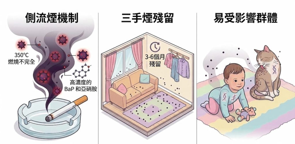 二手菸與三手菸,會釋放未經濾嘴過濾的高濃度苯駢芘(BaP)與亞硝胺;對幼兒與寵物造成傷害。